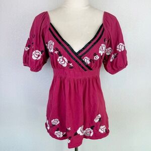 RXB Y2K Babydoll Red Rose Embroidered Boho Empire Waist Top Puff Sleeve Size Med